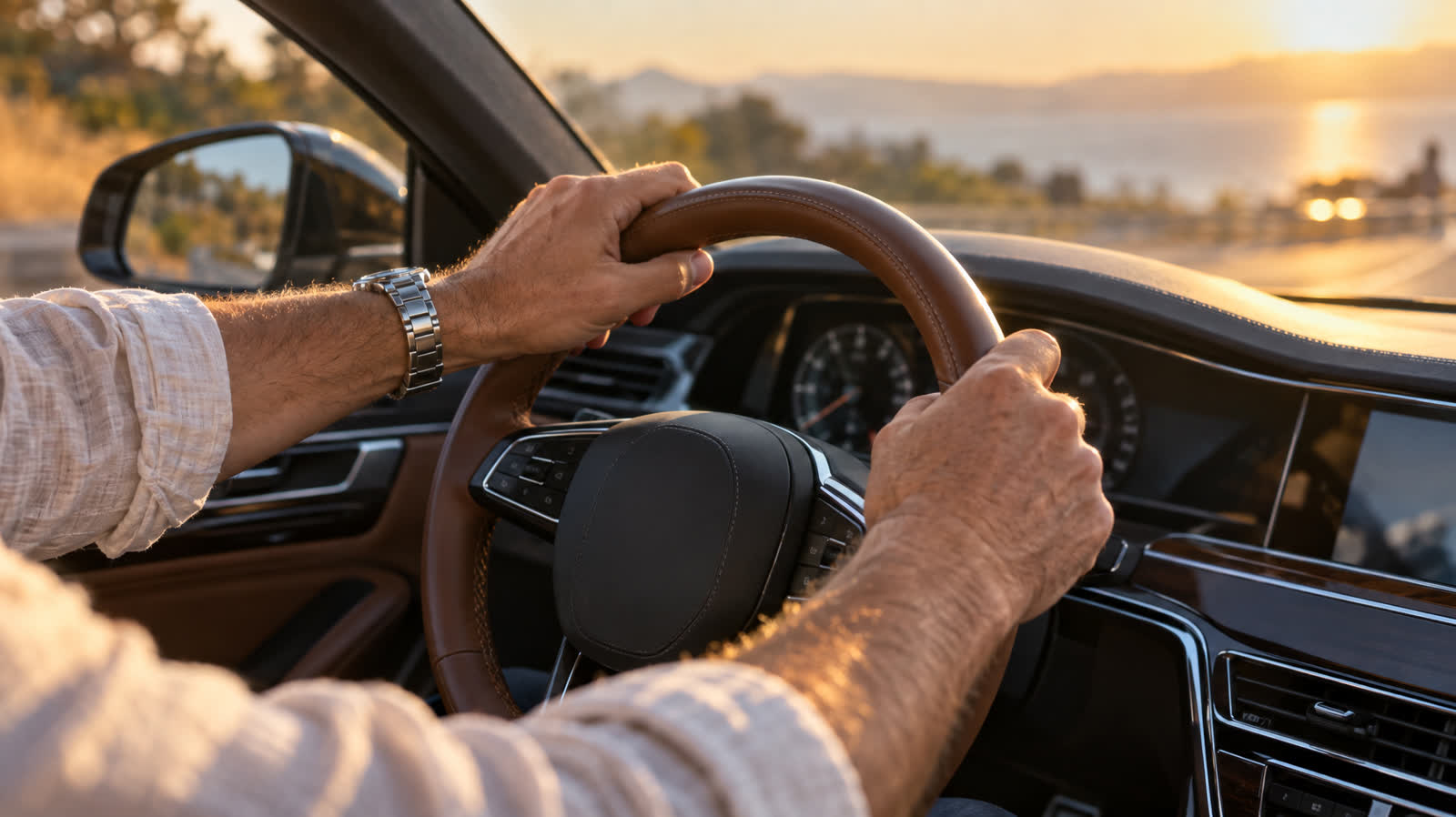 Mains posées sur un volant en cuir cognac, lumière de fin de journée