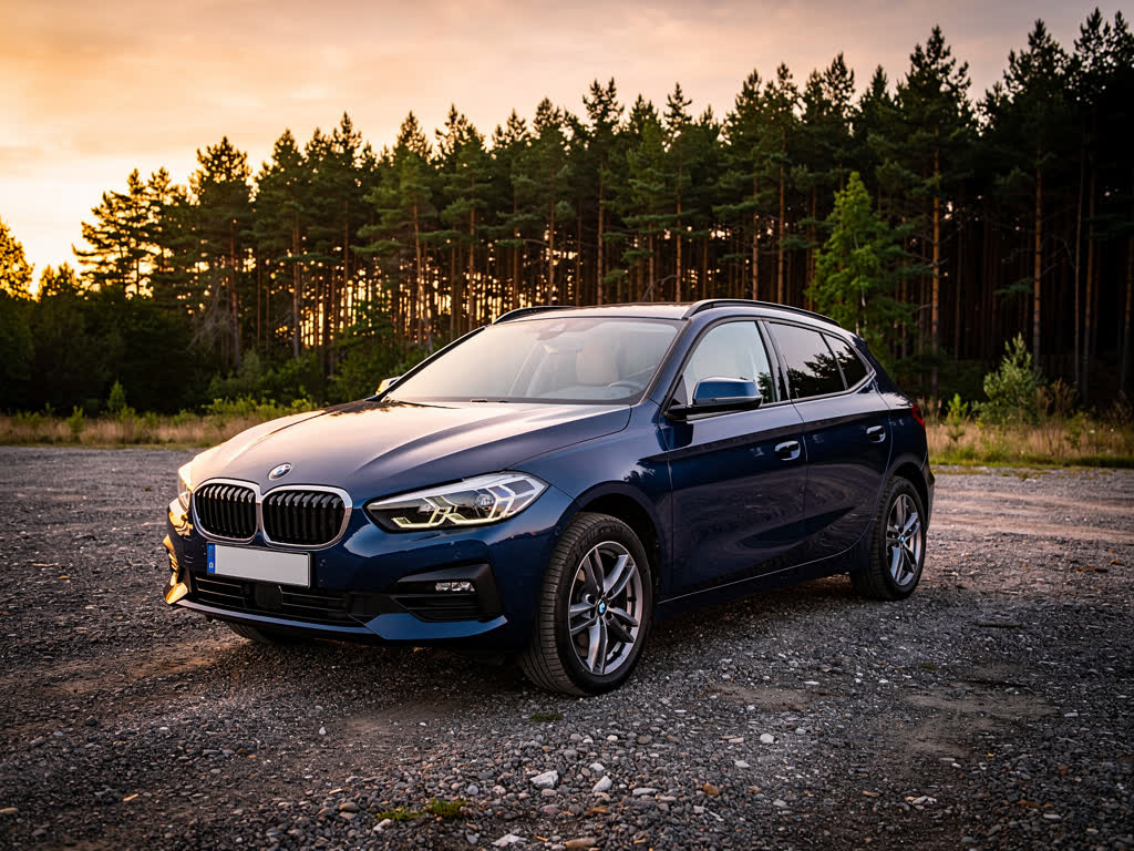 SUV compact bleu nuit à l'orée d'une forêt de pins