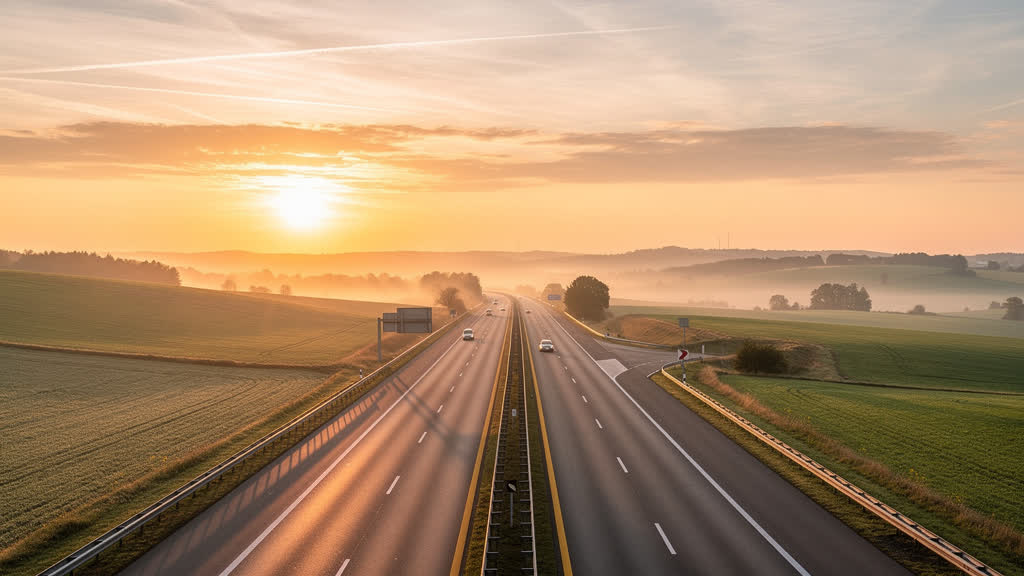 Autoroute allemande au coucher du soleil, longue perspective