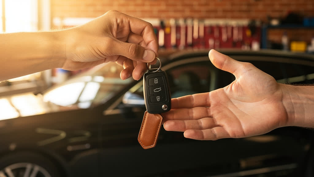 Une main tend une clé de voiture à une autre main